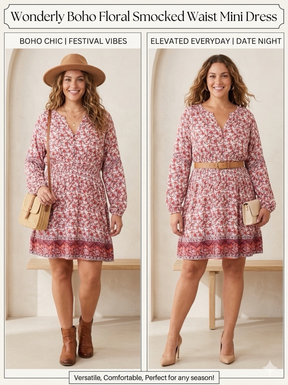 Wonderly Pink & White Floral Smocked Waist Mini Dress